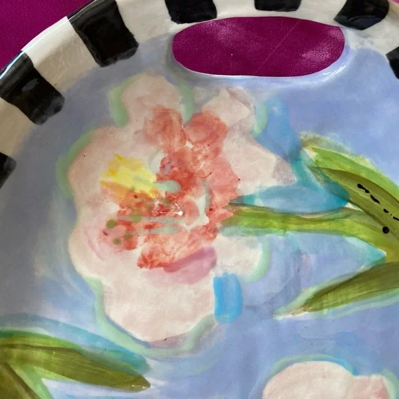 Handmade Ceramic Pink Flowers Design Tray w/ Handles 11”x9.5” Original - Picture 4 of 14